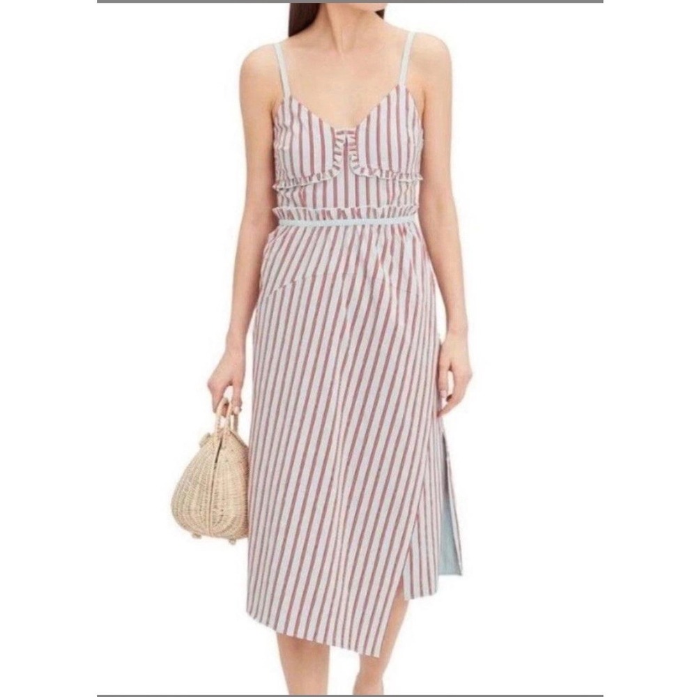 Derek Lam 10‎ Crosby Dress Womens 0 Red White Striped Ruffle Midi TS92542SS